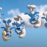 Los Pitufos 2025 en una escena divertida volando por el cielo