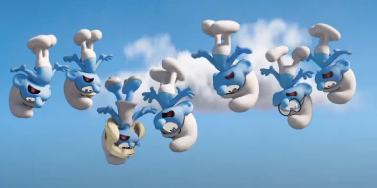 Los Pitufos 2025 en una escena divertida volando por el cielo