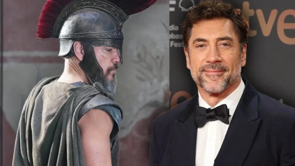 Actor Javier Bardem junto a una imagen de Matt Damon en el rodaje de La Odisea, película de Christopher Nolan