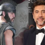 Actor Javier Bardem junto a una imagen de Matt Damon en el rodaje de La Odisea, película de Christopher Nolan