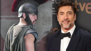 Actor Javier Bardem junto a una imagen de Matt Damon en el rodaje de La Odisea, película de Christopher Nolan